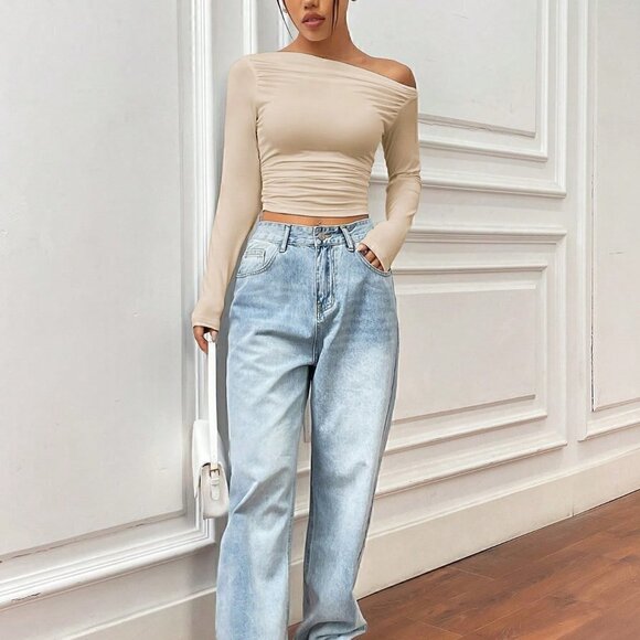 Apricot Casual Women's Asymmetrical Collar Pleated Long Sleeve T-Shirt - Picture 3 of 5